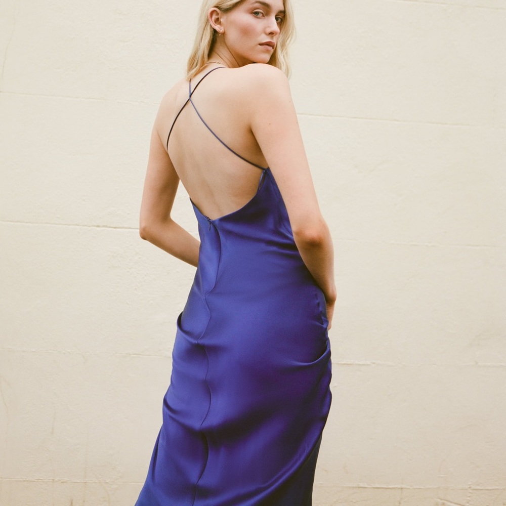 Zara Blogger Fave Satin Effect Blue Midi Maxi Cross Back Dress - Picture 4 of 12